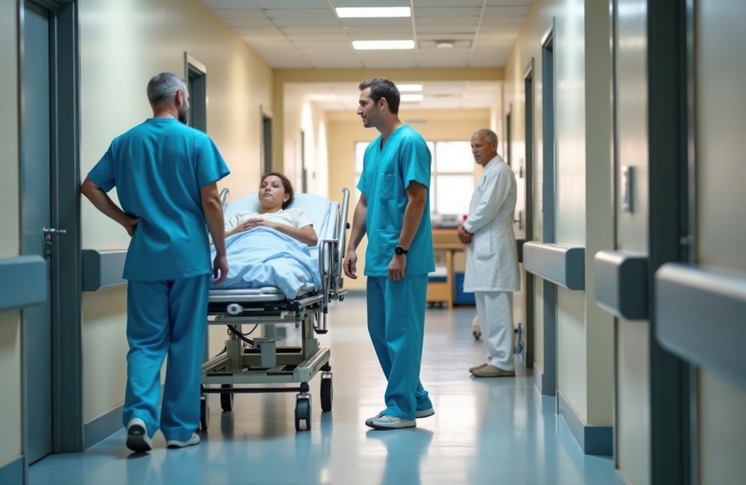 Paciente deitada em maca conversando com equipe médica no corredor, representando cirurgia de emergência