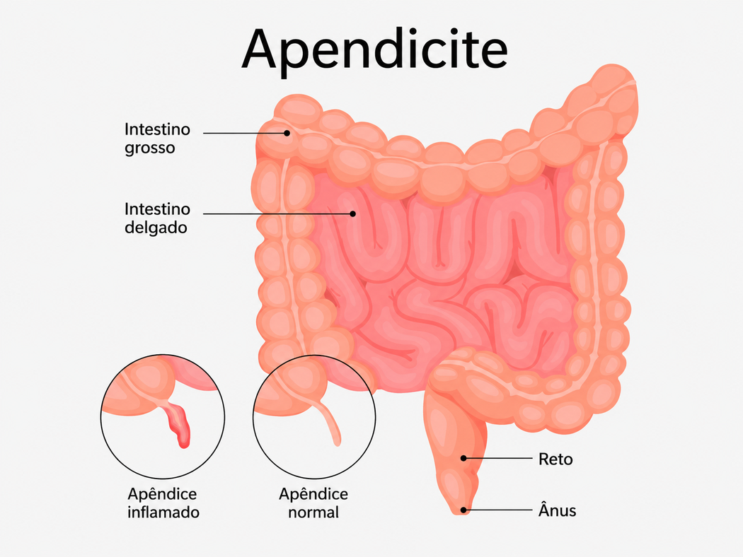 Ilustração anatômica do intestino grosso e intestino delgado, com destaque para comparação entre apêndice normal e apêndice inflamado, ilustrando artigo sobre apendicite sintomas