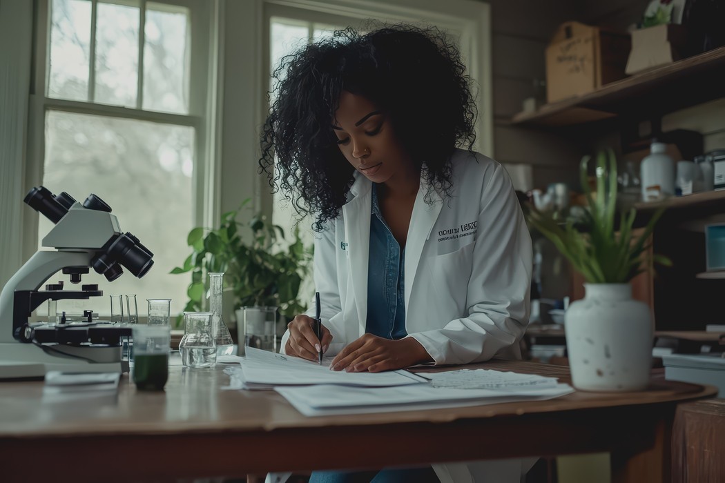Profissional de saúde de jaleco analisando documentos em laboratório, em estudo relacionado a diabetes sintomas e acompanhamento da saúde.