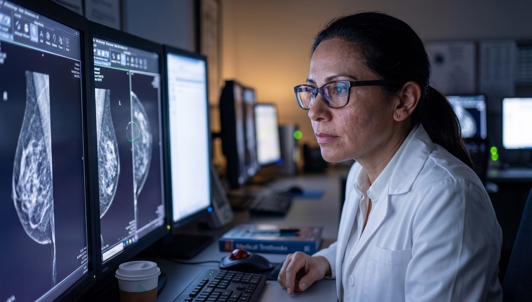 Médica de óculos e jaleco analisando imagens de mamografia em monitores, ilustrando conteúdo sobre nódulo na mama e os exames indicados para investigação